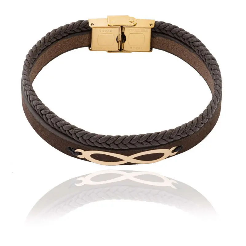 خرید دستبند چرمی طلا مردانه بی نهایت بند قهوه ای طلا